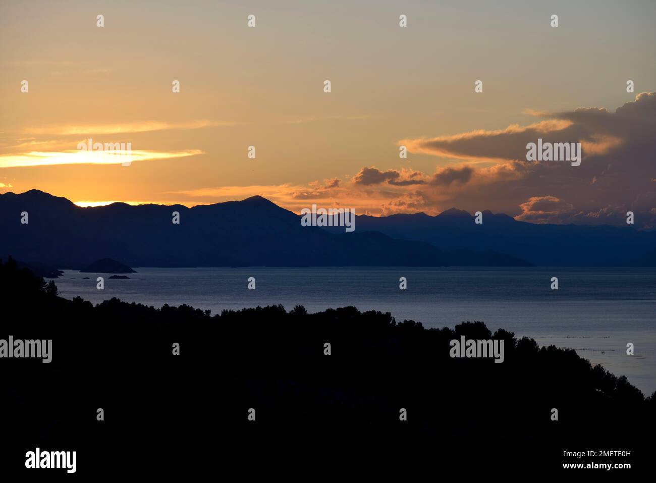 Lake Scutari, also Lake Shkodra with sunset, Shkodra, Shkoder, Albania Stock Photo