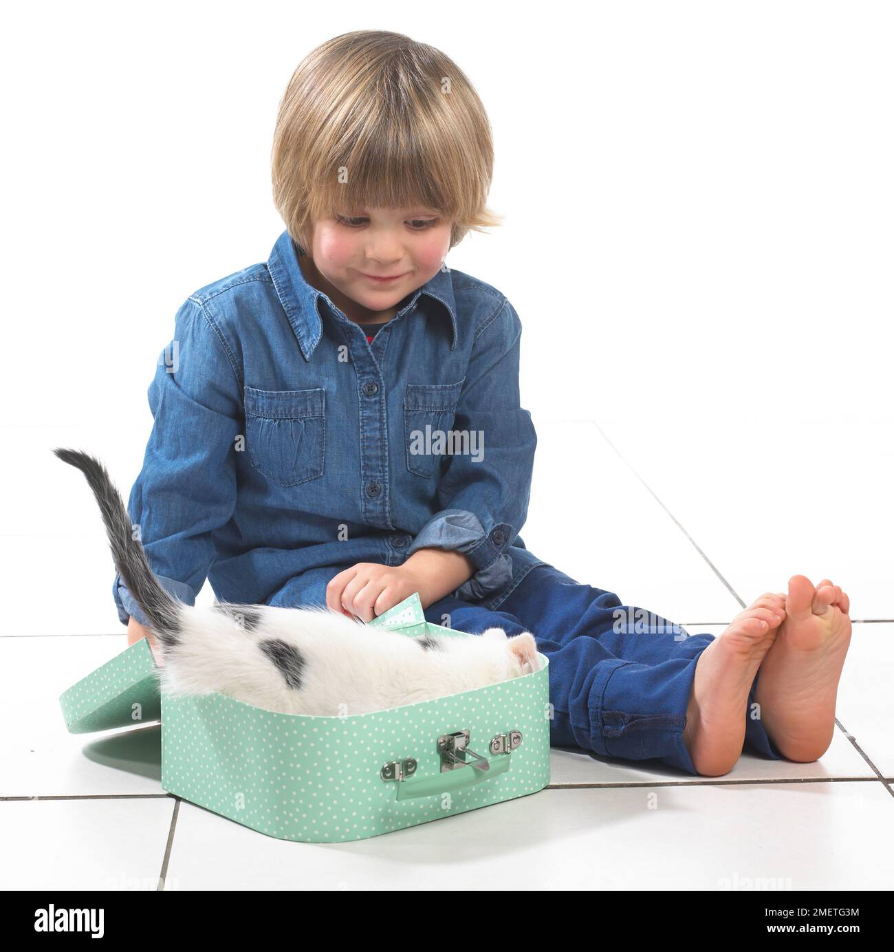 Boy sitting watching kitten in toy vanity case, 3 years Stock Photo