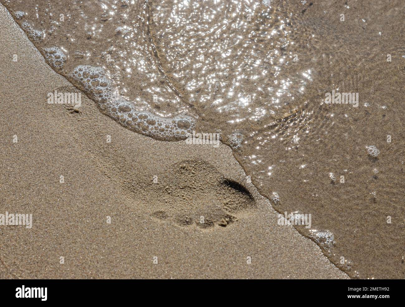 Footprints of a man on the yellow beach sand from walking barefoot by the sea with water that washes away the footprints. Contemplation of life Stock Photo