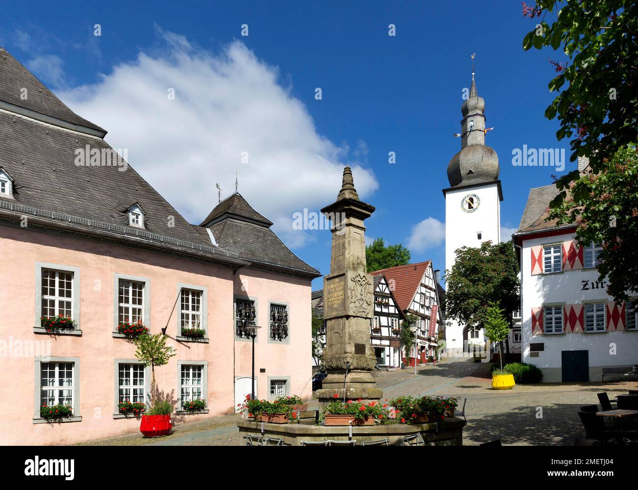 Old Town Hall, Restaurant Zur Krim, Bell Tower and Maximilian Fountain, Old Market, Old Town, Arnsberg, Sauerland, North Rhine-Westphalia, Germany Stock Photo