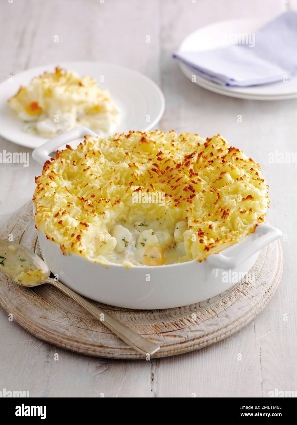 Fish pie with cheesy mash topping Stock Photo