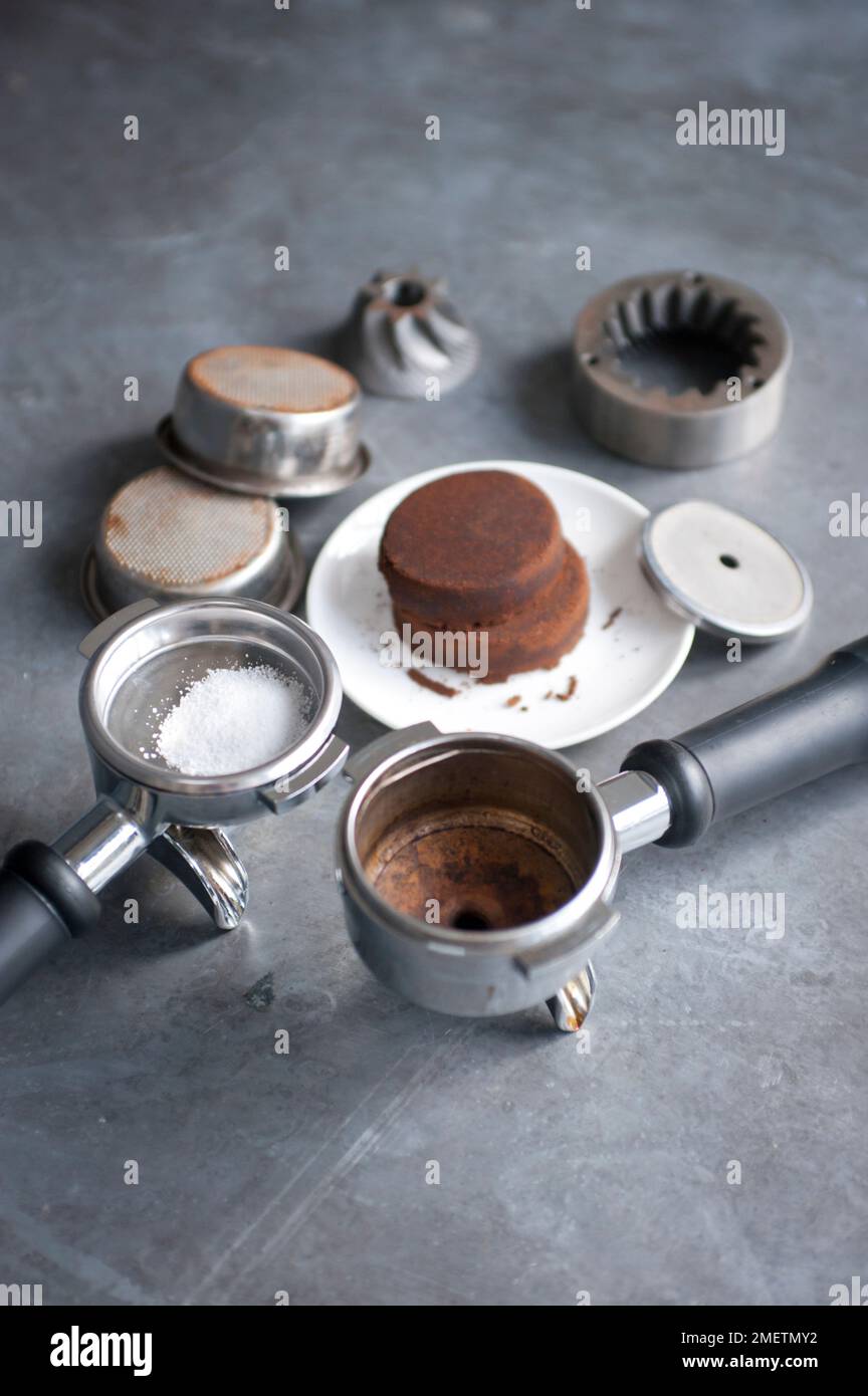 Portafilter basket and flat grinder for espresso machine Stock Photo