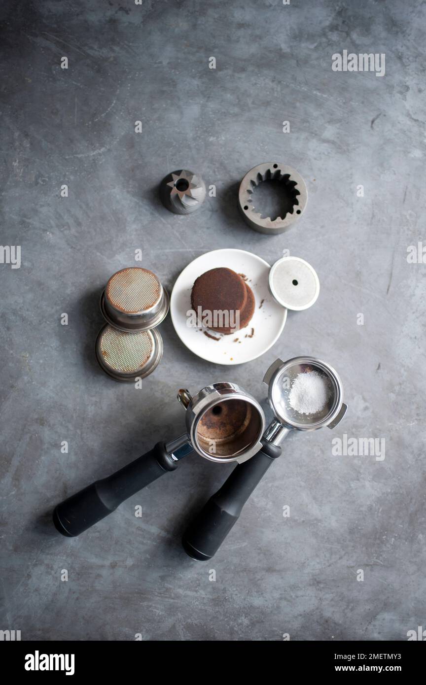 Portafilter basket and flat grinder for espresso machine Stock Photo