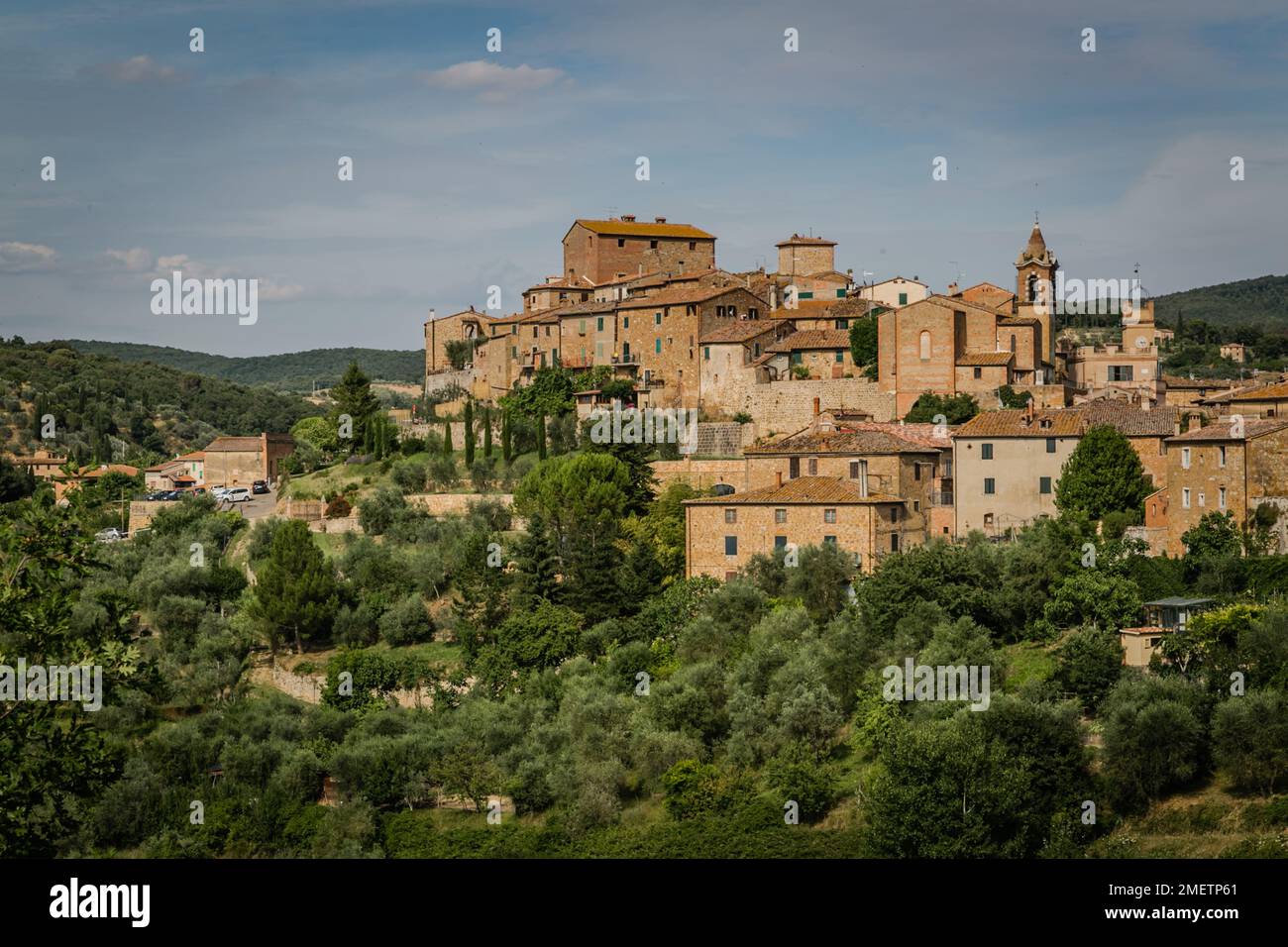 View of stone buildings nestled in the quaint hilltop village of Montisi, Tuscany, Italy. Stock Photo