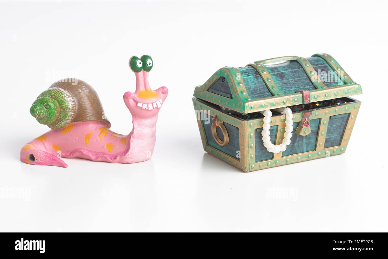 Miniature snail and treasure chest, decorations for fish tank Stock