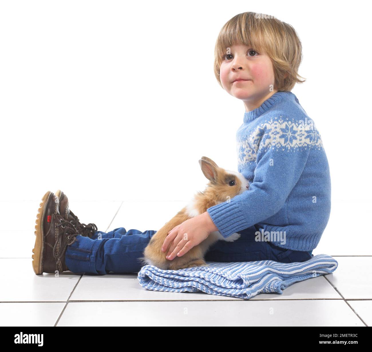 Boy sitting with rabbit on blanket, 3 years Stock Photo - Alamy