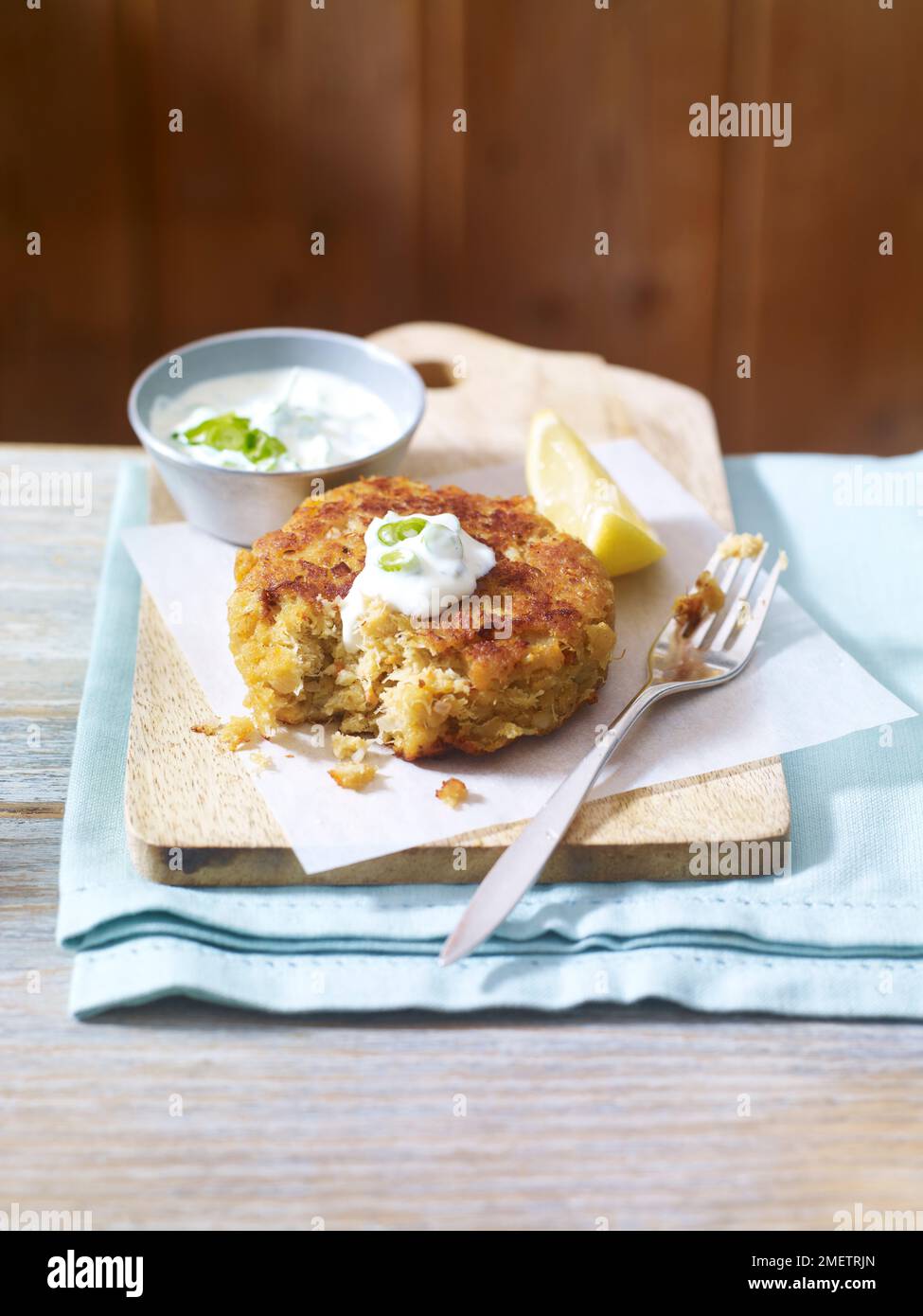 Lemon shallot crab cake with aioli Stock Photo Alamy