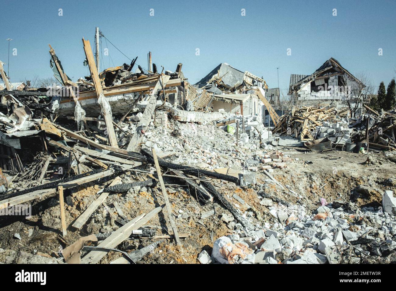 Ruins of the Bohunia residential district, it was destroyed by a Russian missile attack in the night from 1 to 2 March 2022, Schytomir, Ukraine Stock Photo