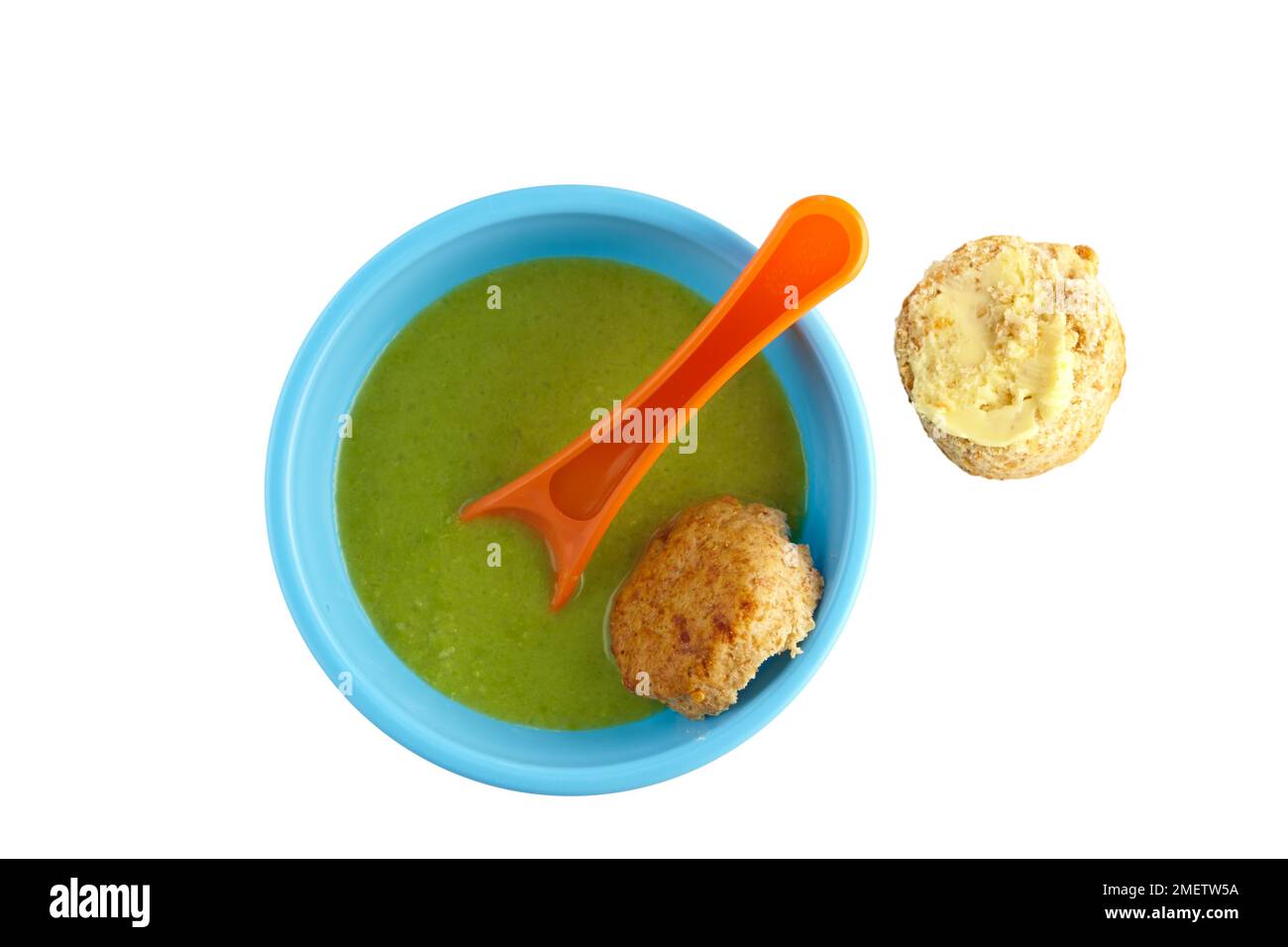 Pea soup with cheese scone Stock Photo