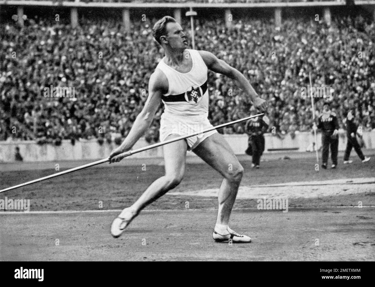 Gerhard Stoeck, Germany, gold medal in javelin throw for Germany with 71, 84 metres, Olympic champion Stock Photo
