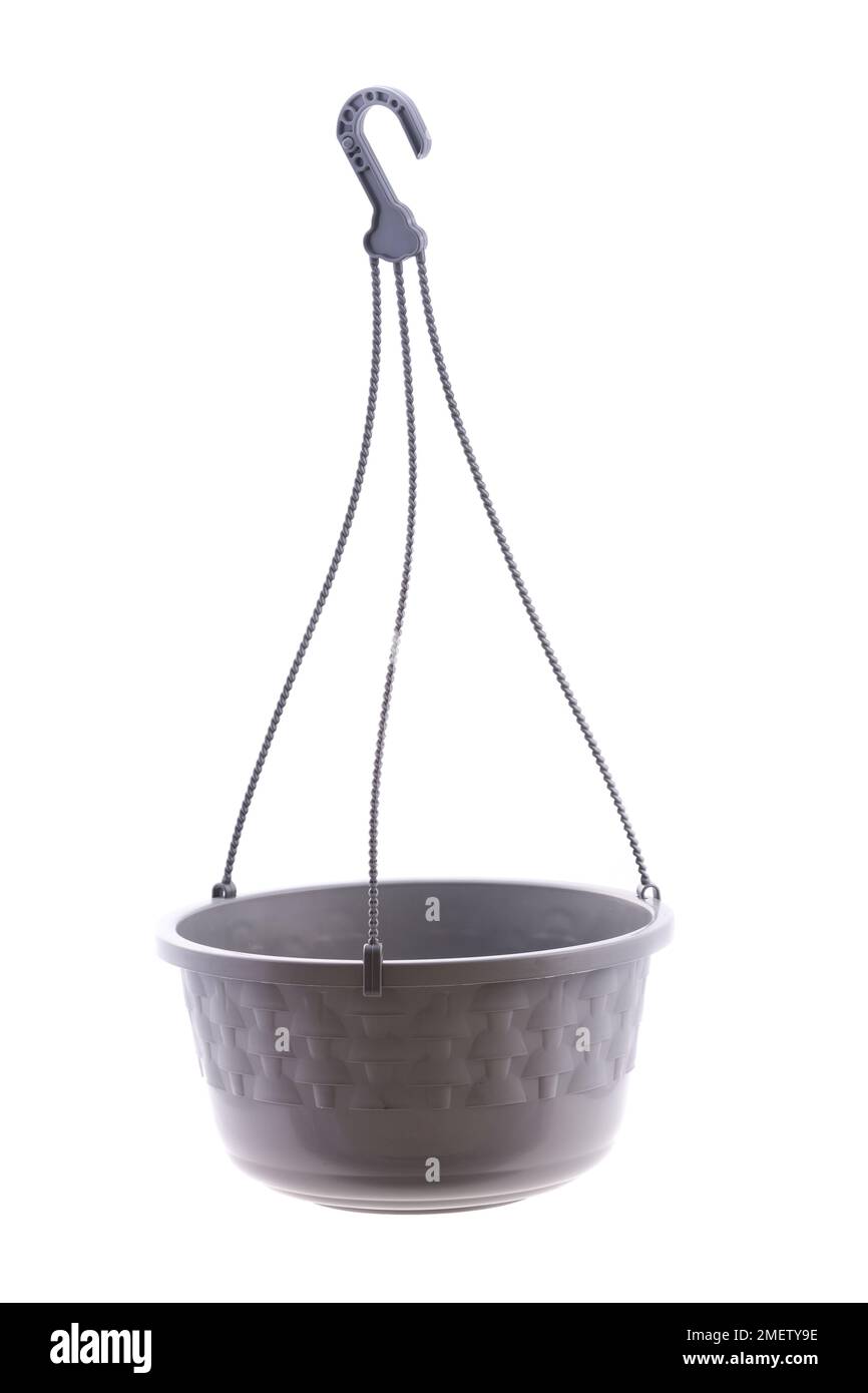 Gray Plastic Flower Pot With Hook isolated On A white background. Stock Photo