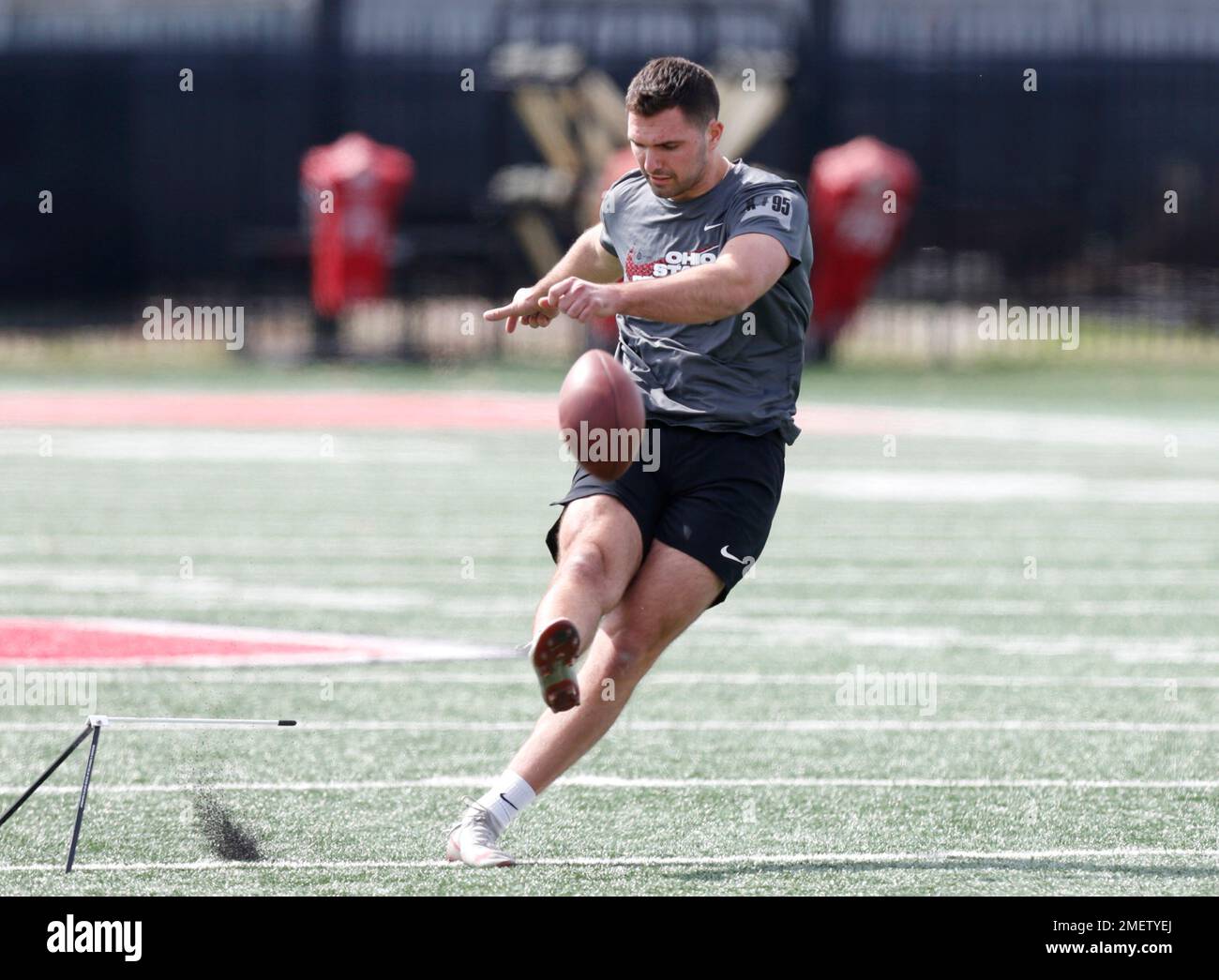 Ohio State kicker Blake Haubeil kicks during an NFL Pro Day at Ohio State University Tuesday