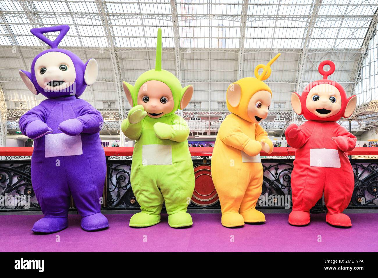 London, UK. 24th Jan, 2023. The teletubbies pose at the show. The Toy Fair opens its doors at Kensington Olympia to showcase the latest trends in the toy industry. The Toy Fair is the UK's largest dedicated toy, game and hobby trade show with more than 260 exhibitors. Credit: Imageplotter/Alamy Live News Stock Photo