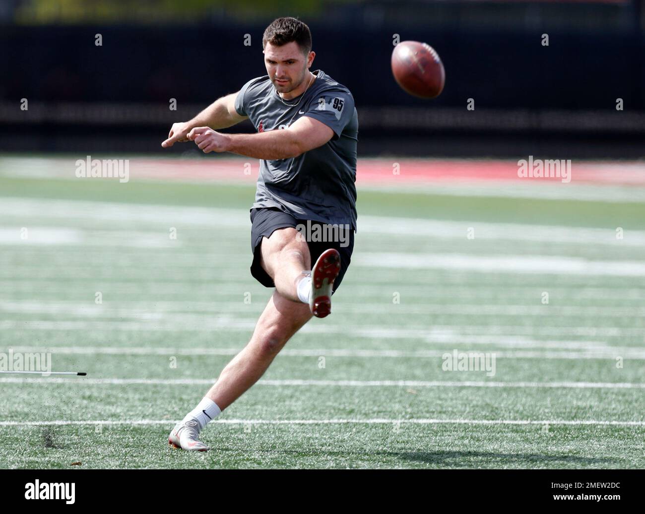 Ohio State kicker Blake Haubeil kicks during an NFL Pro Day at Ohio State University on Tuesday