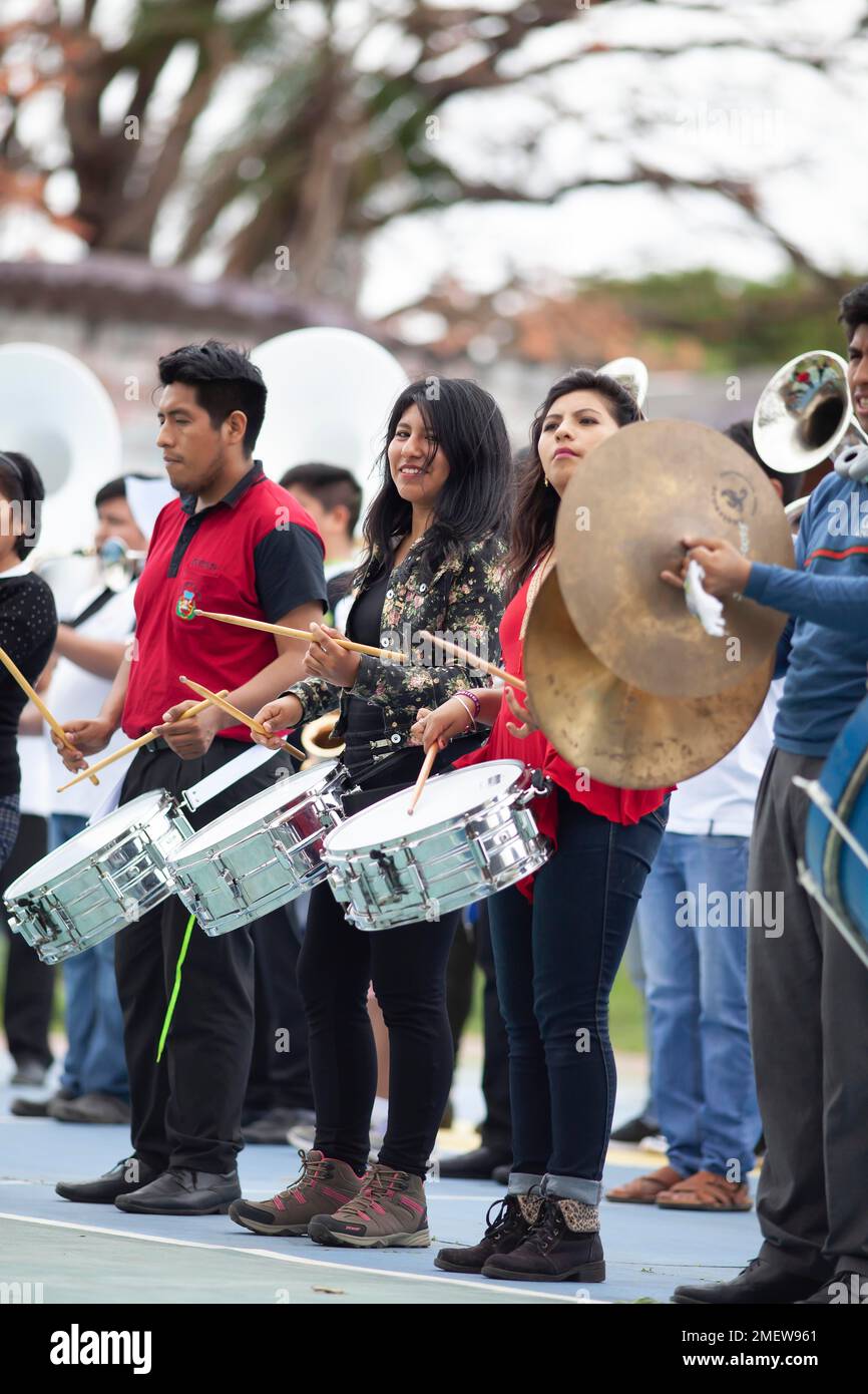 Bolivian men and woman with drums, Santa Cruz, Santa Cruz Province, Bolivia Stock Photo