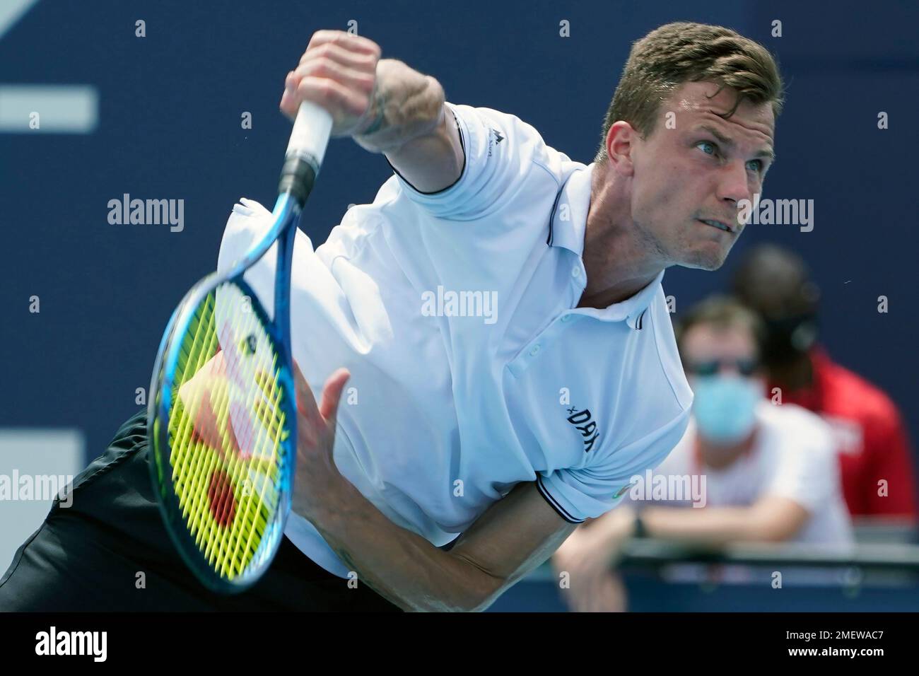 Marton Fucsovics of Hungary, serves against Andrey Rublev of Russia, during  the Miami Open tennis tournament, Monday, March 29, 2021, in Miami Gardens,  Fla. (AP Photo/Marta Lavandier Stock Photo - Alamy