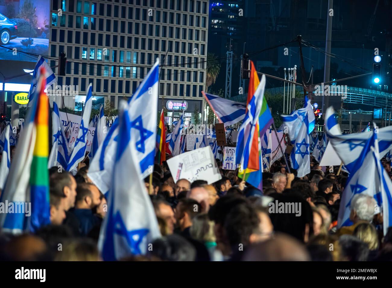 TEL AVIV, ISRAEL - January 21, 2023: Israelis protest in Tel Aviv against plans by prime minister Benjamin Netanyahu new government to trample the legal system and the supreme court. High quality photo Stock Photo