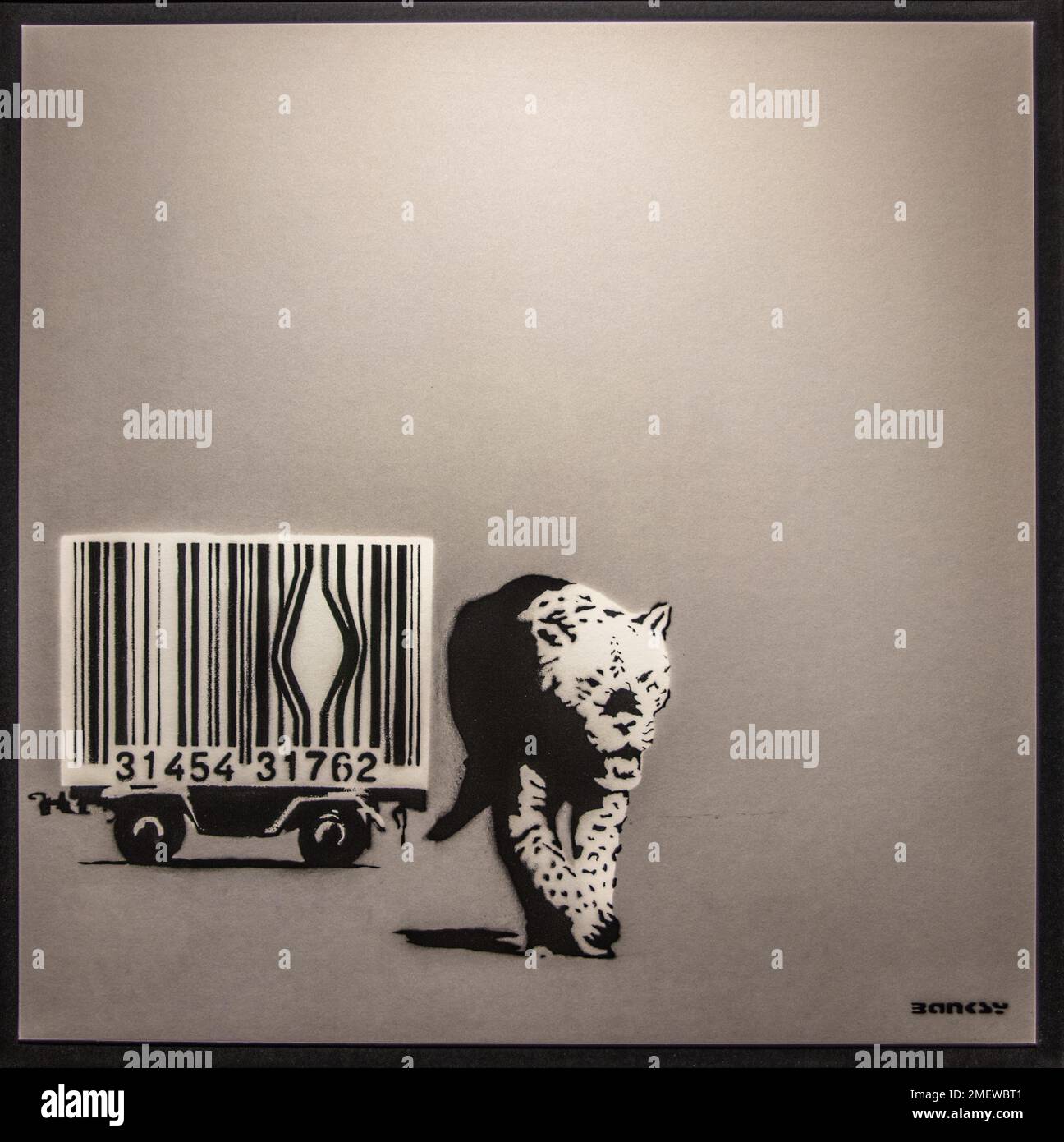 Barcode Leopard, barcode stands metaphorically for bars of the animal transporters, 2001, Banksy, exhibition about the street artist, Muelheim Stock Photo