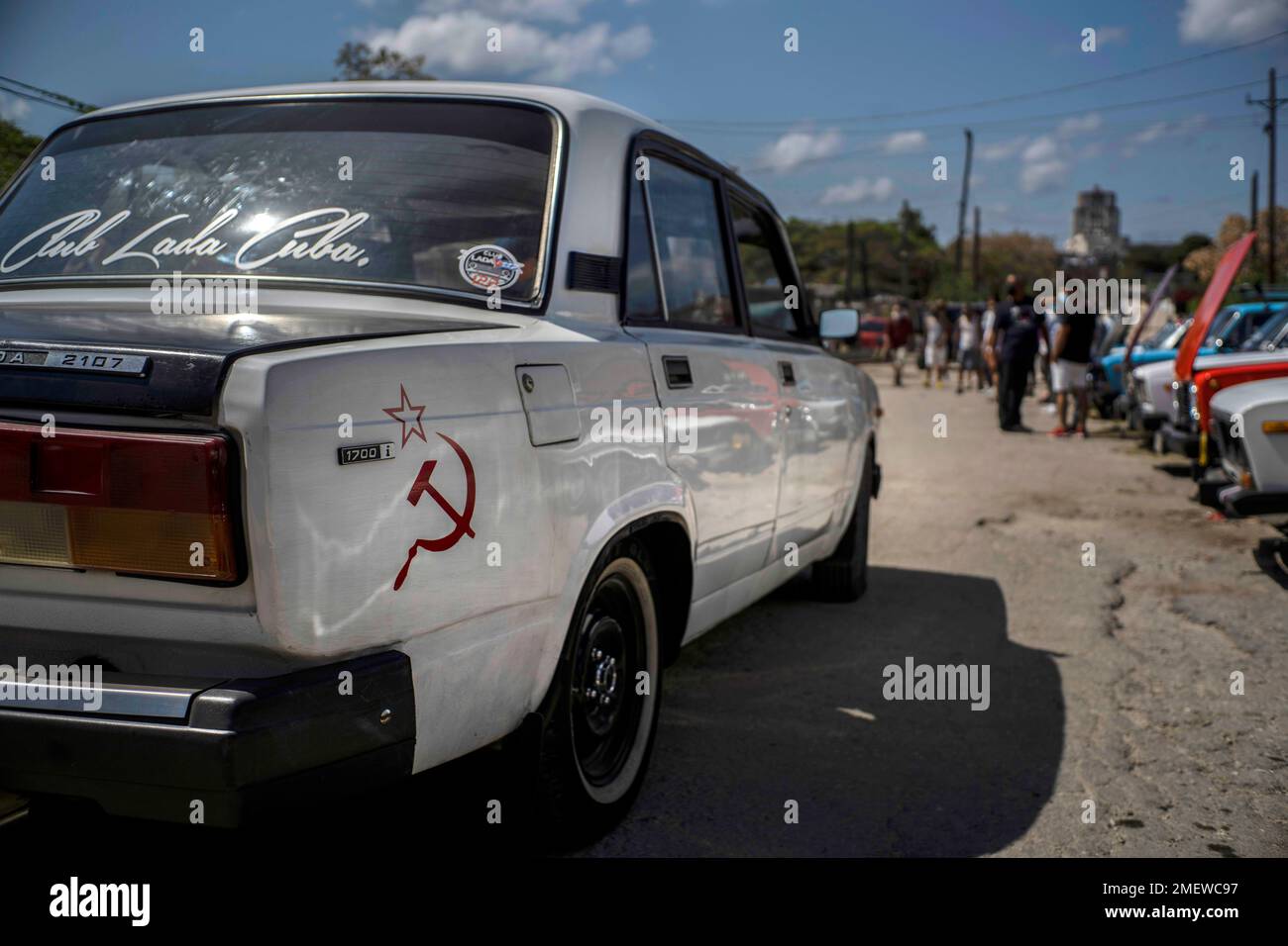 A Soviet-era Lada car with a hammer and sickle sticker is driven to the  Lada Cuba Club meeting in Havana, Cuba, Sunday, March 21, 2021. Russians  stopped making this model in September