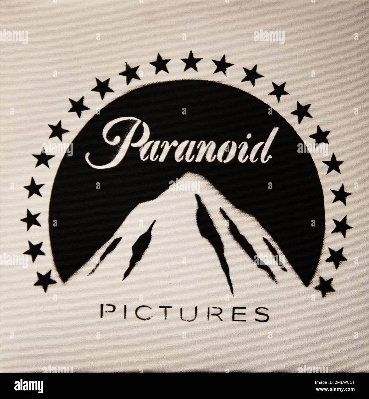 Paranoid Pictures, converted logo of Paramount, 2003, Banksy, exhibition about the street artist, Muelheim, Germany Stock Photo