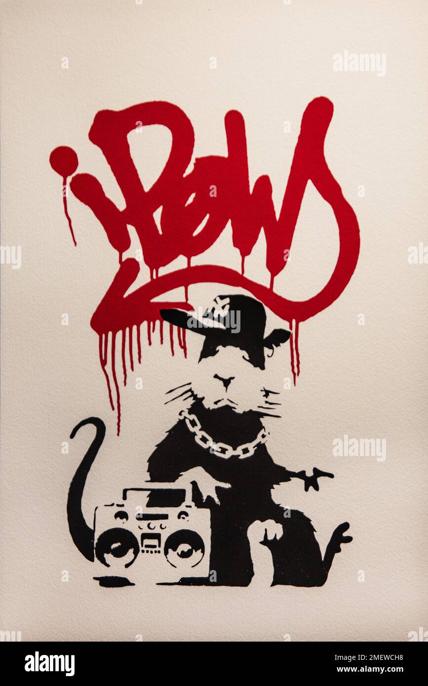 Gangster Rat, 2004, Banksy, exhibition about the street artist, Muelheim, Germany Stock Photo