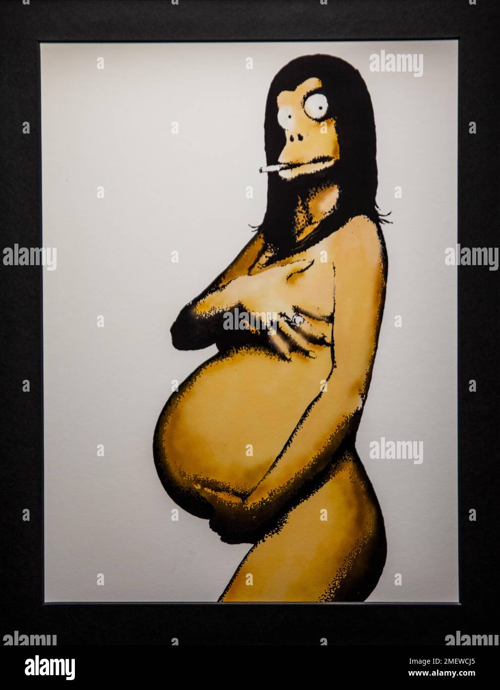 Pregnant Monkey, sarcastic interpretation of the photo in Vanity Fair by Demi Moore, 2006, Banksy, exhibition about the street artist, Muelheim Stock Photo