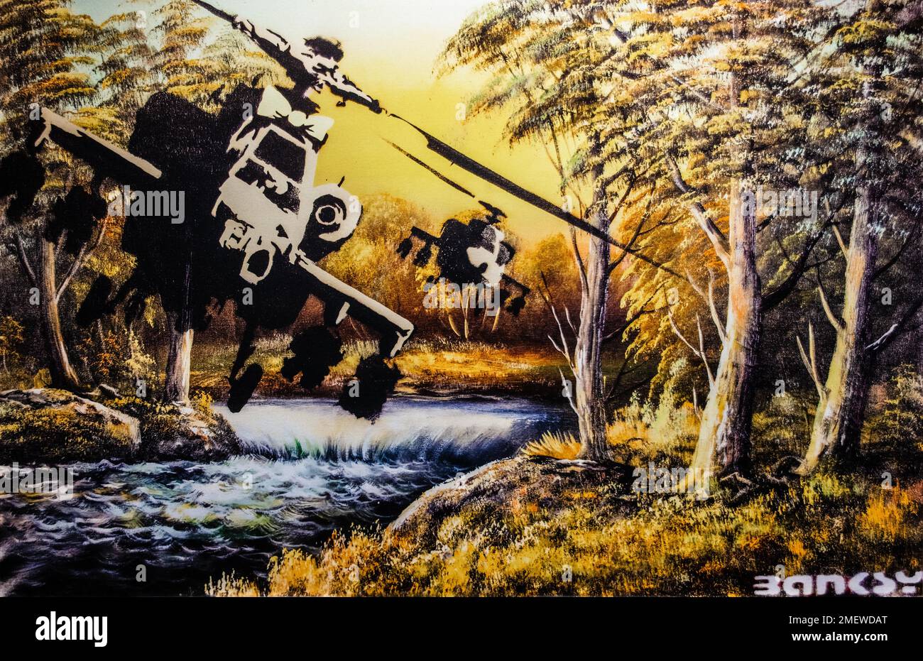 Happy Chopper, Crude Oil, 2005, romantic version of war is questioned, Banksy, exhibition about the street artist, Muelheim, Germany Stock Photo