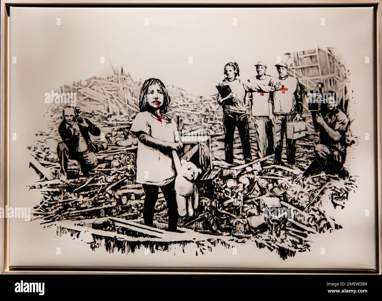 Media Canvas, destructive power of wars and the hypocrisy of the media, 2006, Banksy, exhibition about the street artist, Muelheim, Germany Stock Photo