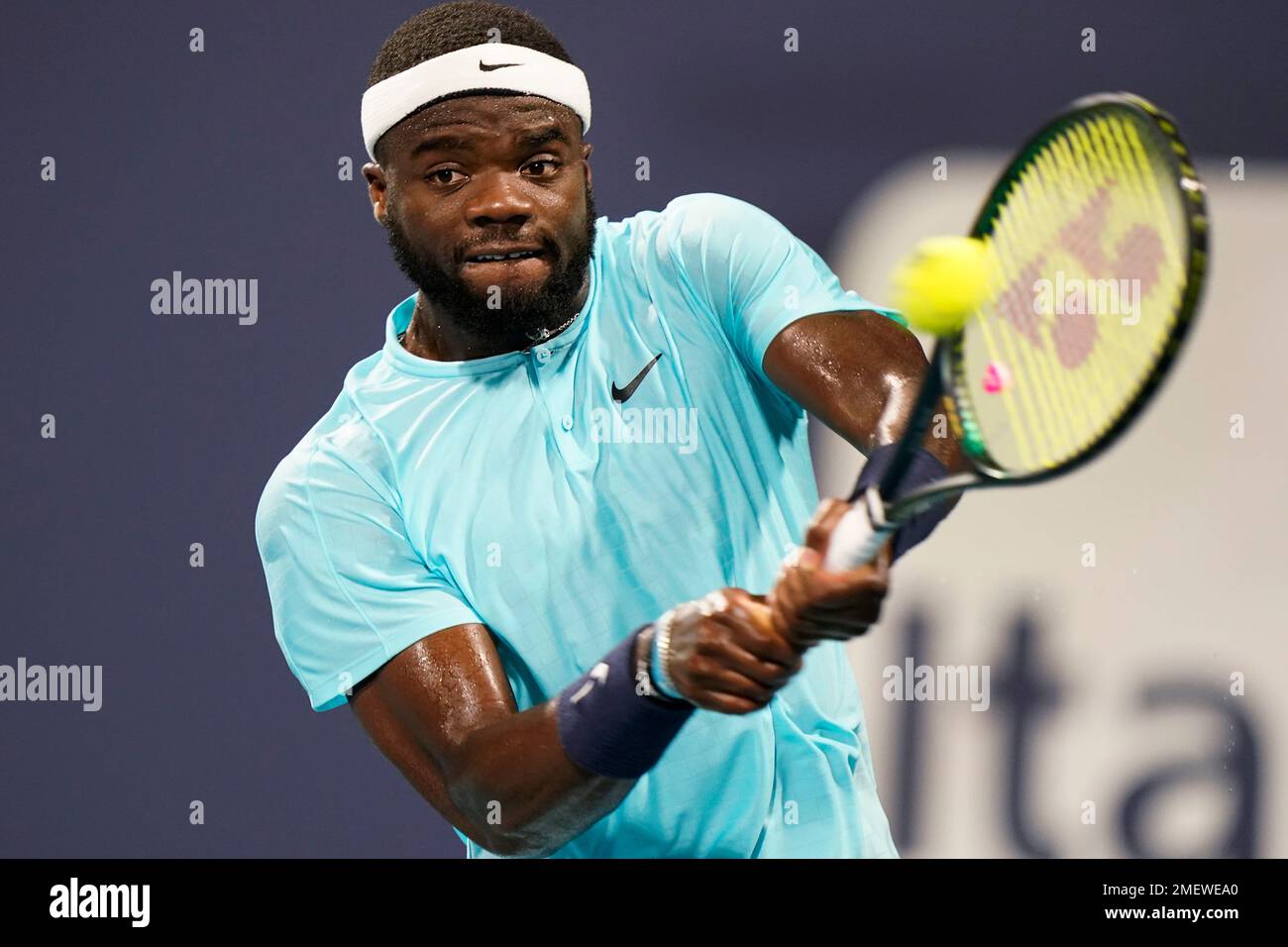 Frances Tiafoe returns a shot from Dusan Lajovic, of Serbia, during the