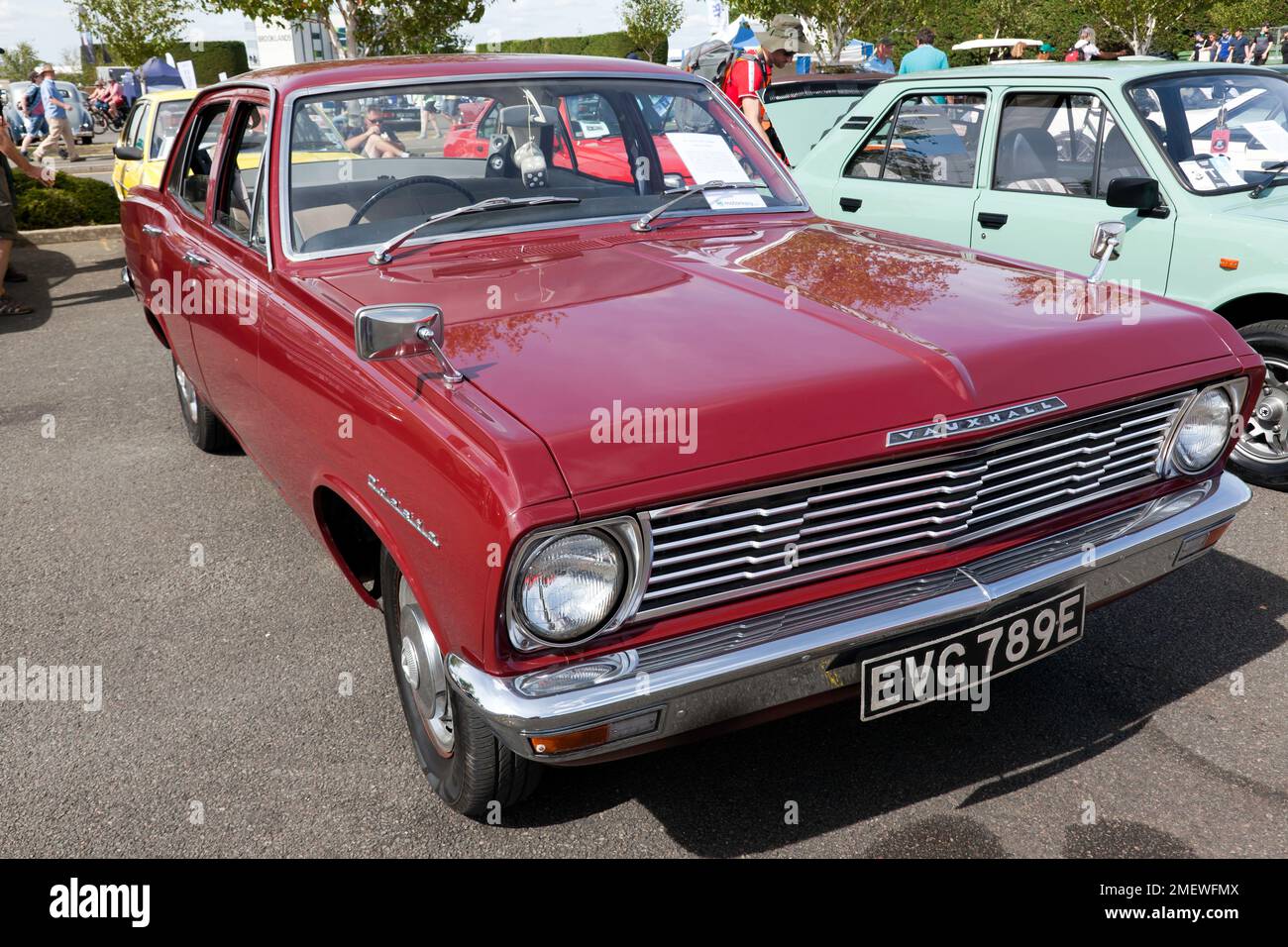 Three-quarter Front View of a Maroon, 1967, Vauxhall Cresta PC Standard, on display in a car club zone at the 2022 Silverstone Classic Stock Photo