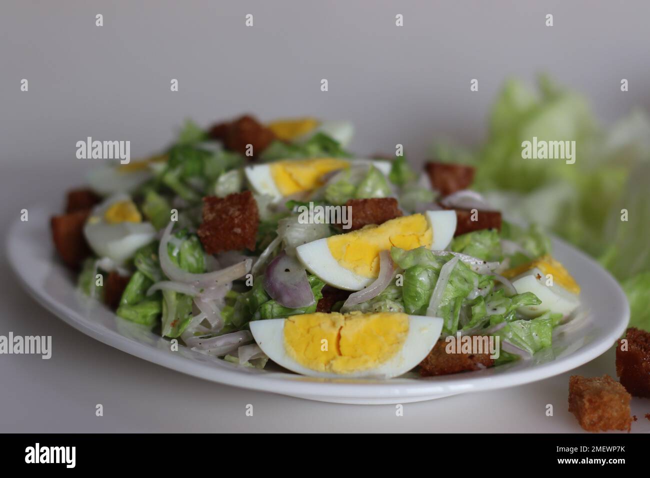 Lettuce salad with boiled egg. Easy salad with iceberg lettuce, onions