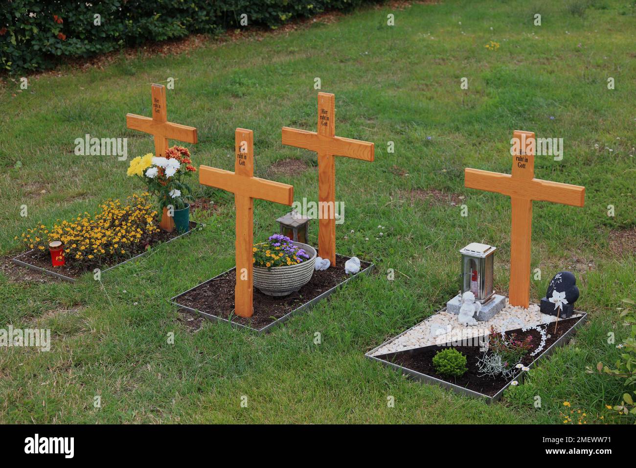 Blumengeschmückte anonyme Urnengräber mit Holzkreuz mit Aufschrift Hier ruht in Gott, auf einer Wiese im Friedhof  /  Flower decorated anonymous urn g Stock Photo