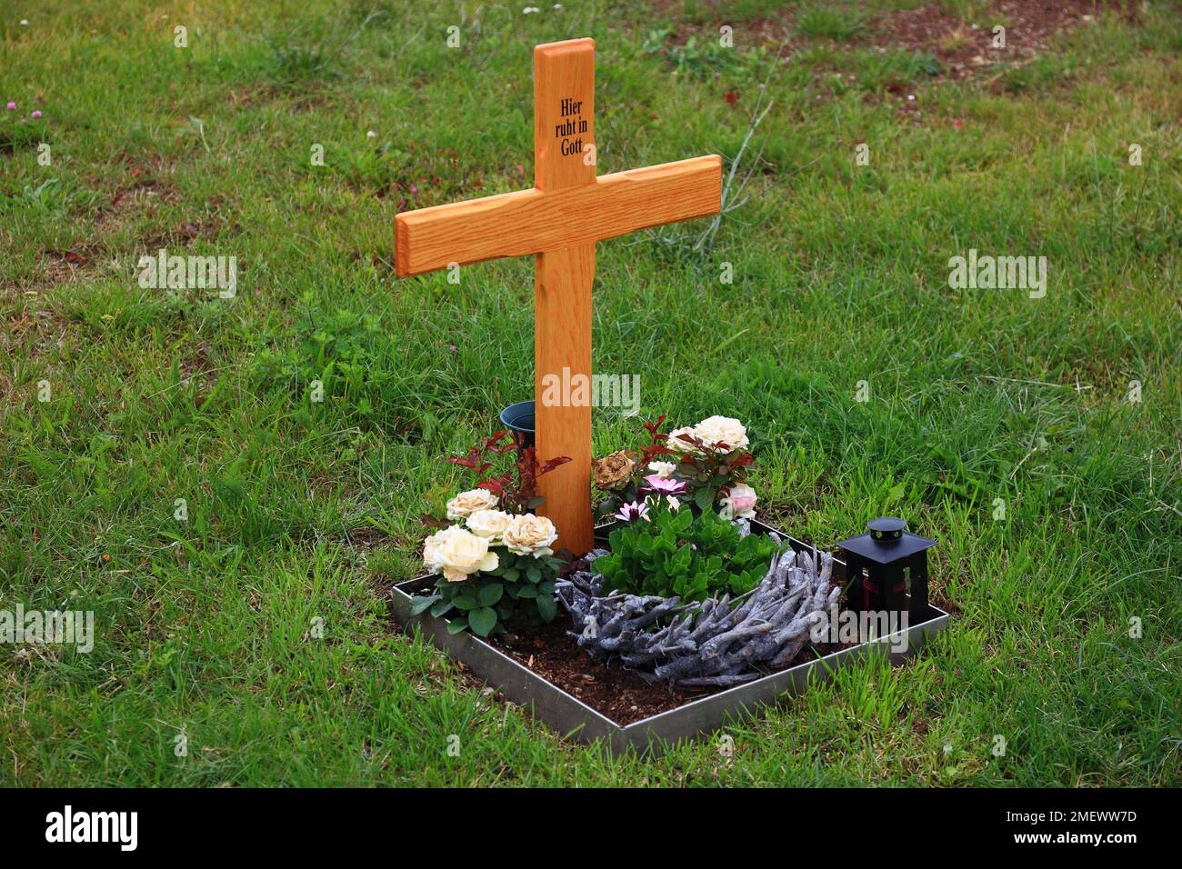 Blumengeschmücktes anonymes Urnengräber mit Holzkreuz mit Aufschrift Hier ruht in Gott, auf einer Wiese im Friedhof  /  Flower decorated anonymous urn Stock Photo