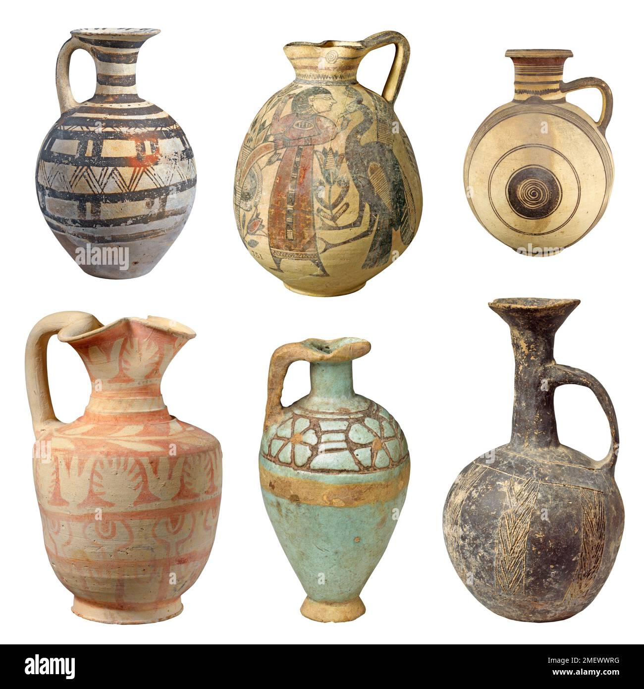 Set of ancient terracotta jugs isolated on white background, old clay