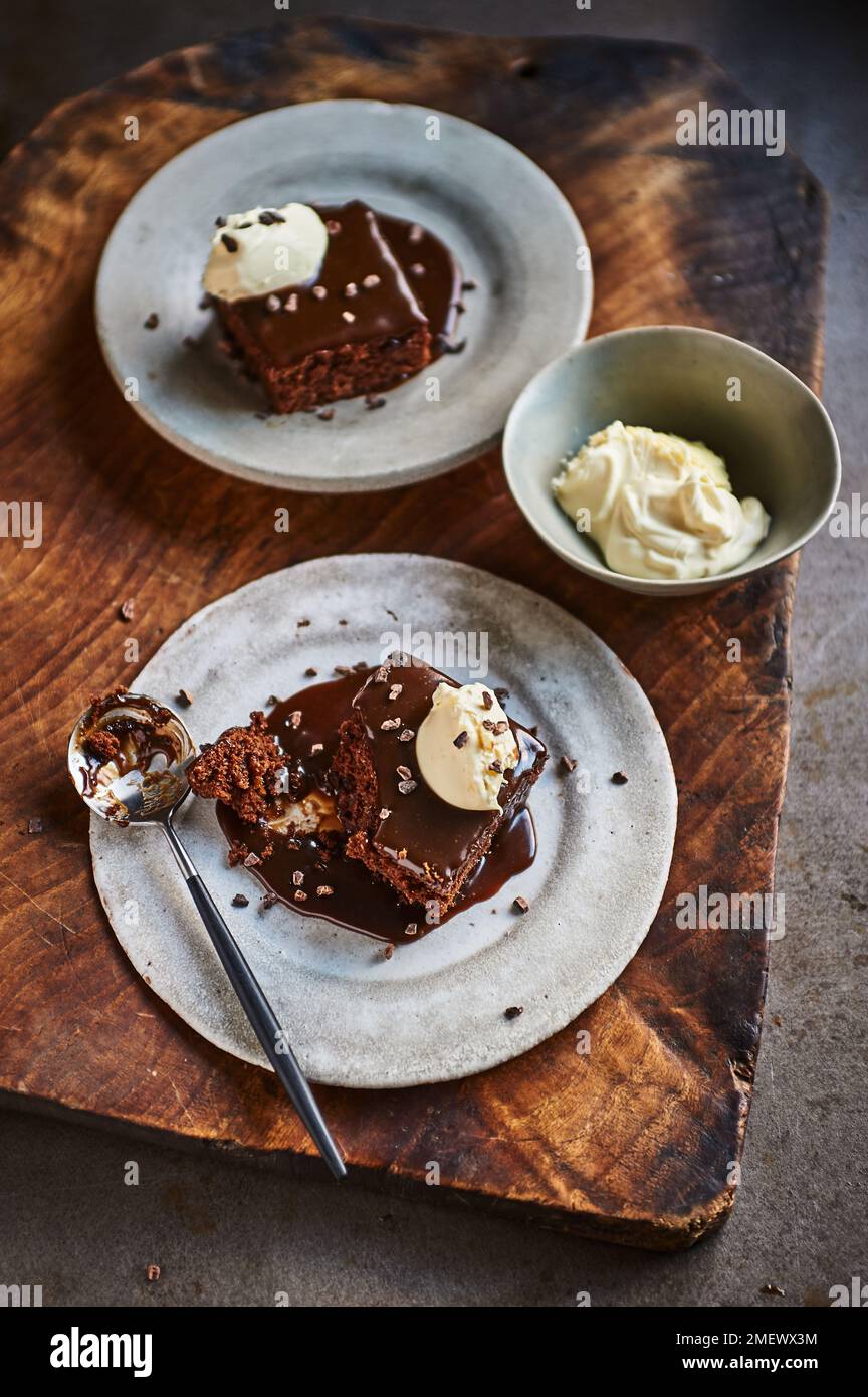 Salted caramel, tea, and fig brownie pudding Stock Photo