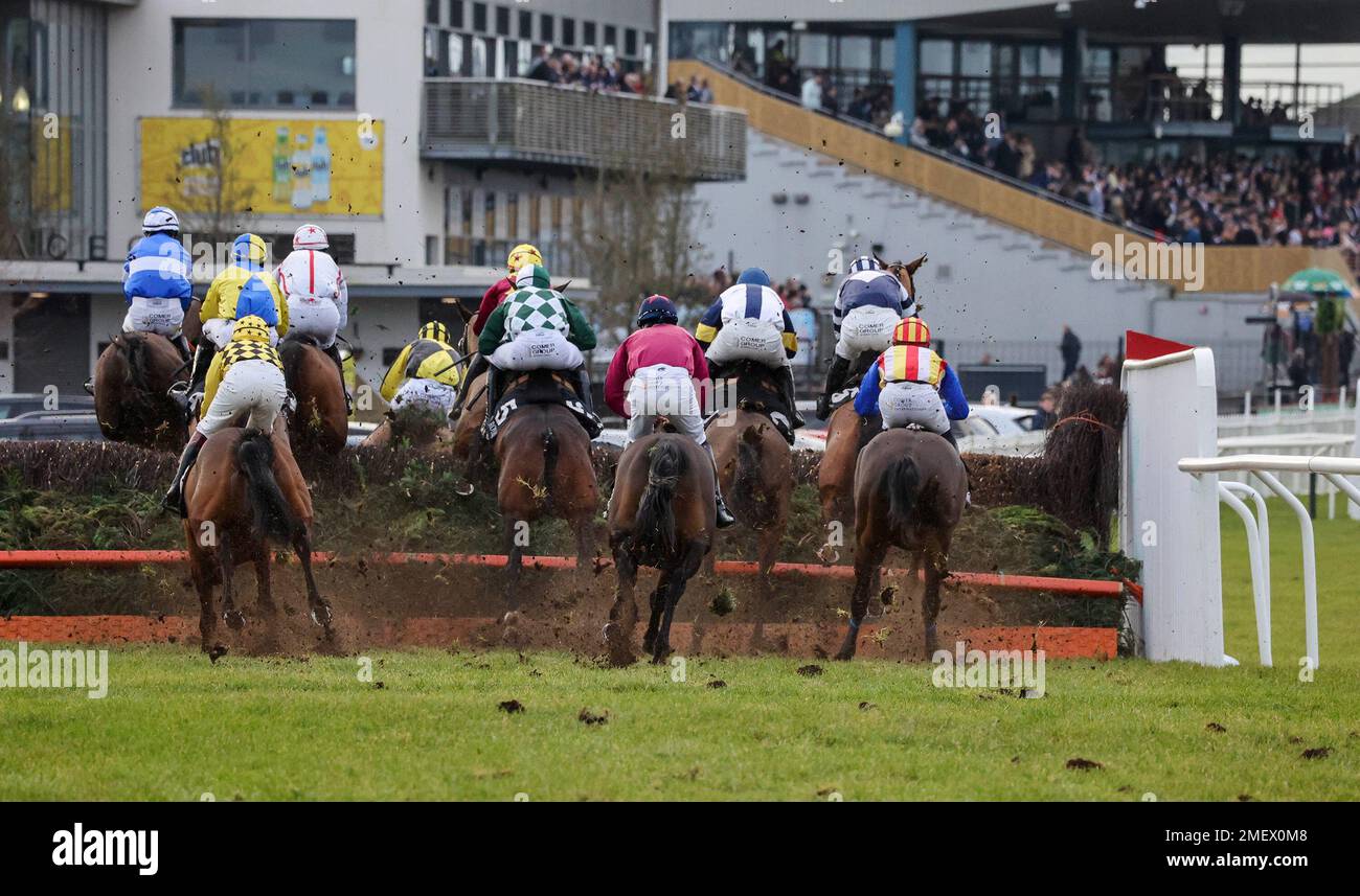 Down Royal Racecourse, Lisburn, Northern Ireland, UK. 24 Jan 2023. Aspall Handicap Chase. National Hunt racing January 2023. Race won by Wee Small Hours (11 – red/yellow helmet) ridden by jockey Dillon Maxwell, trainer M M Rice. Credit: CAZIMB/Alamy Live News. Stock Photo