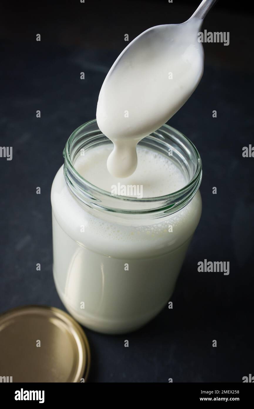 Making yogurt, step 2 adding one tablespoon of live yogurt to the cooled milk in a glass jar
