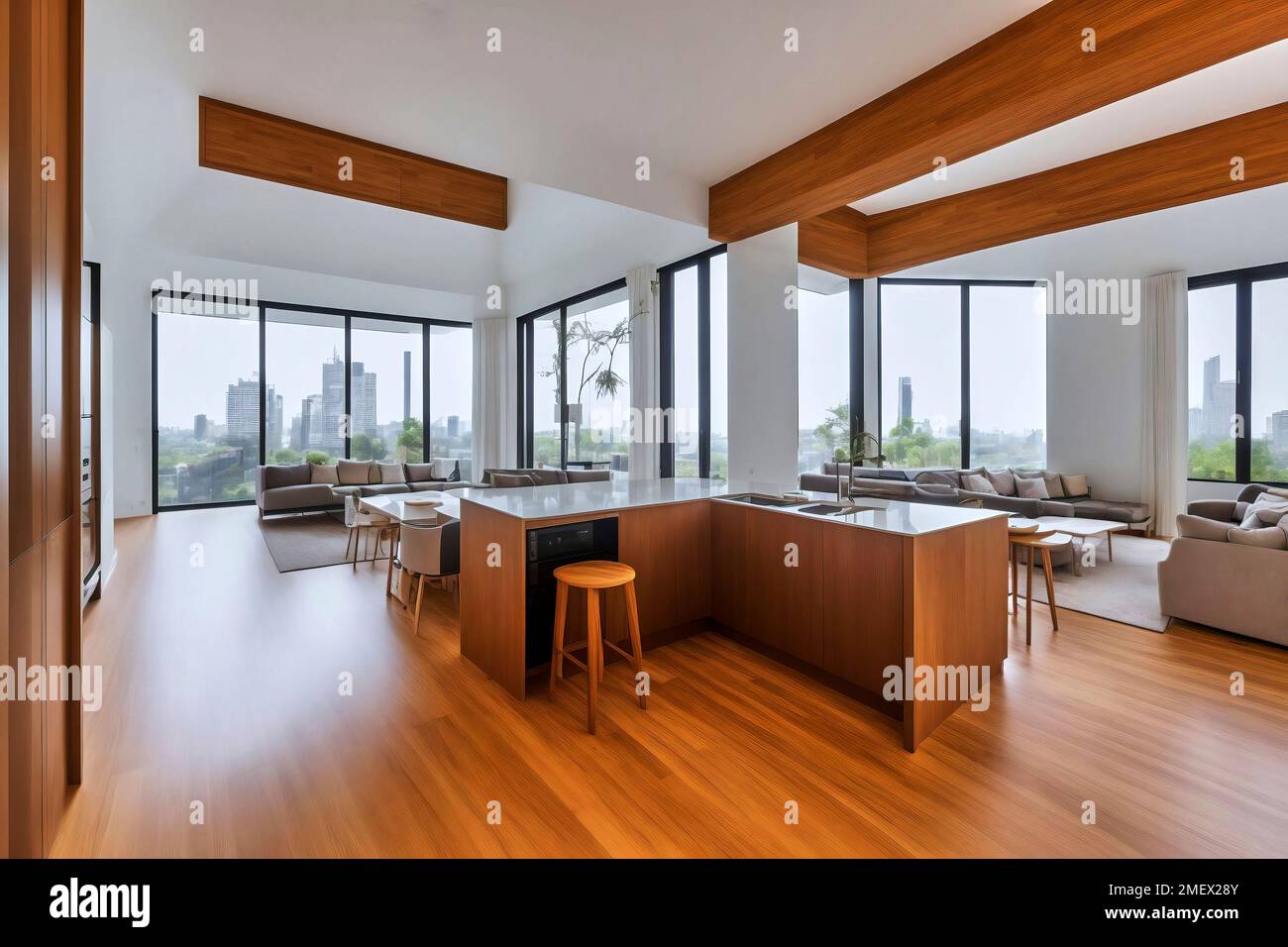 Modern, functional kitchen that is integrated into the spacious living room with floor-level windows, made with generative AI Stock Photo