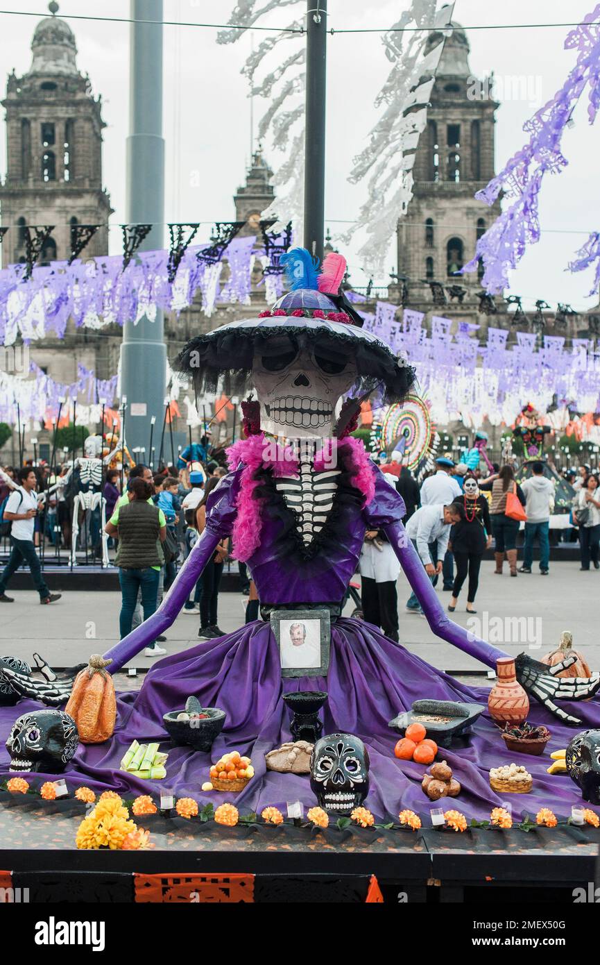 A La Calavera Catrina skeleton parade float for the Day of the Dead