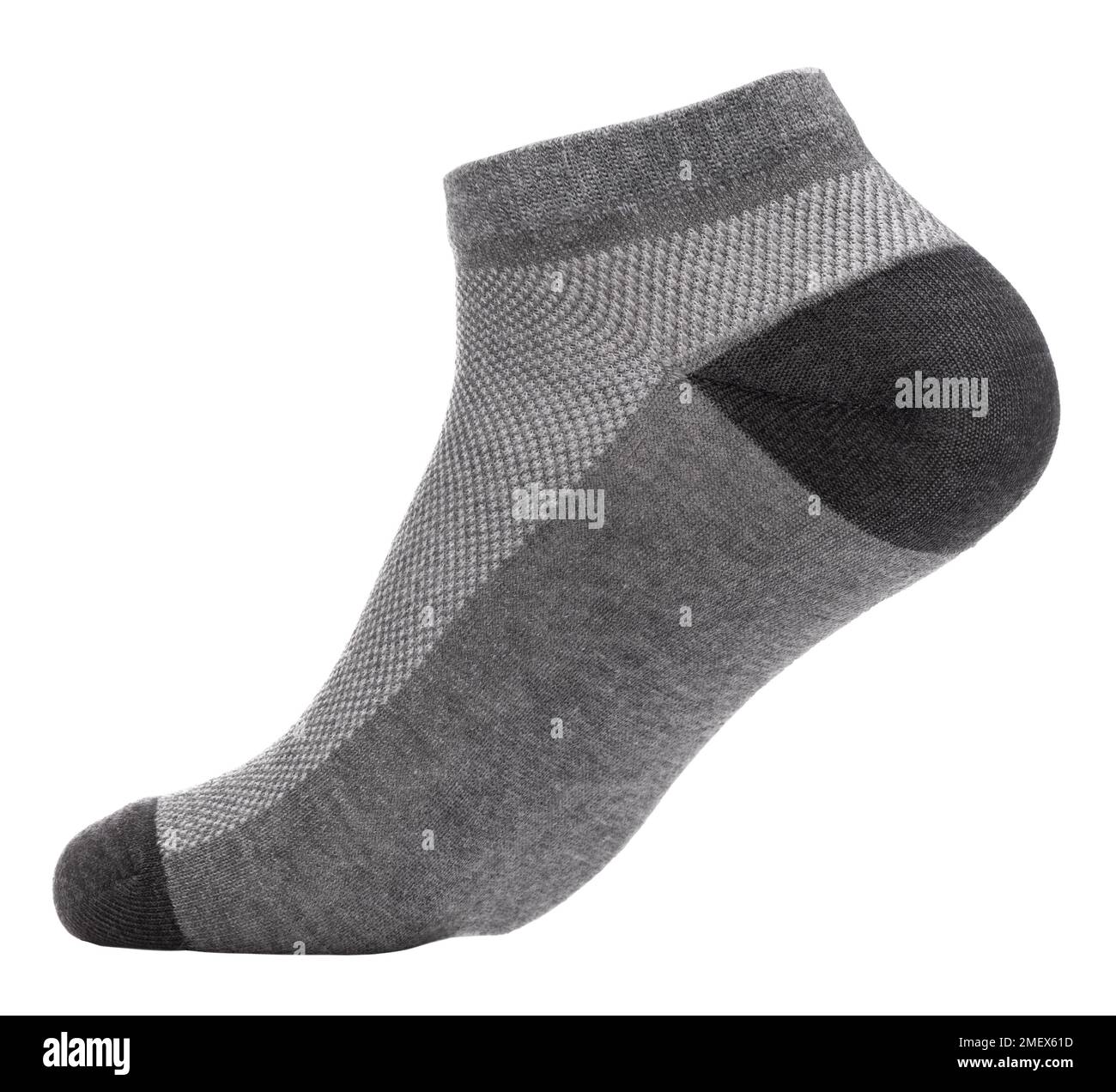 Gray cotton-blend low cut ankle sock on foot mannequin isolated on a white background Stock Photo