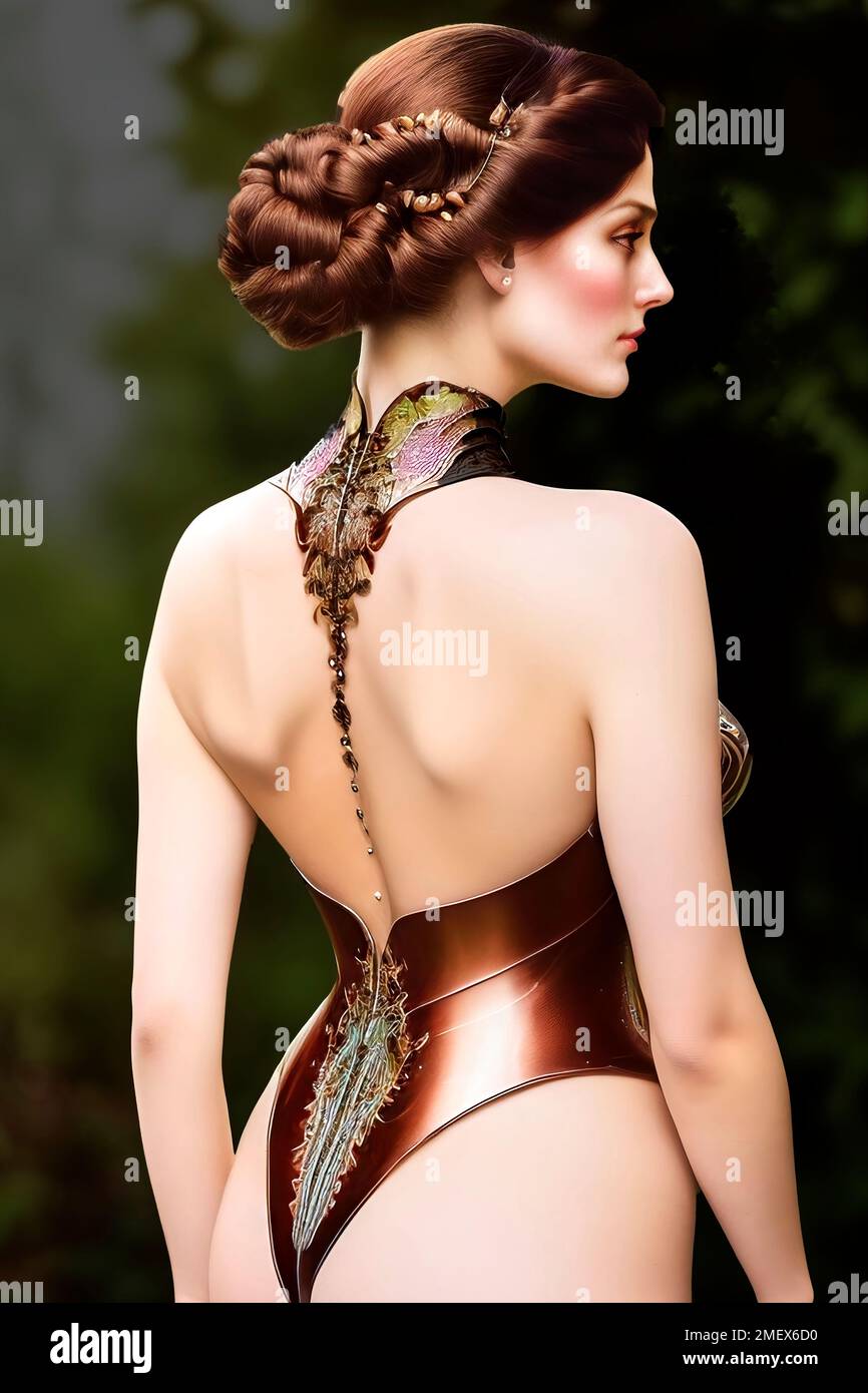 Rear view of a white-haired young woman with a skimpy tight copper-colored suit and a wide chain around her neck, fictional person, made with generati Stock Photo