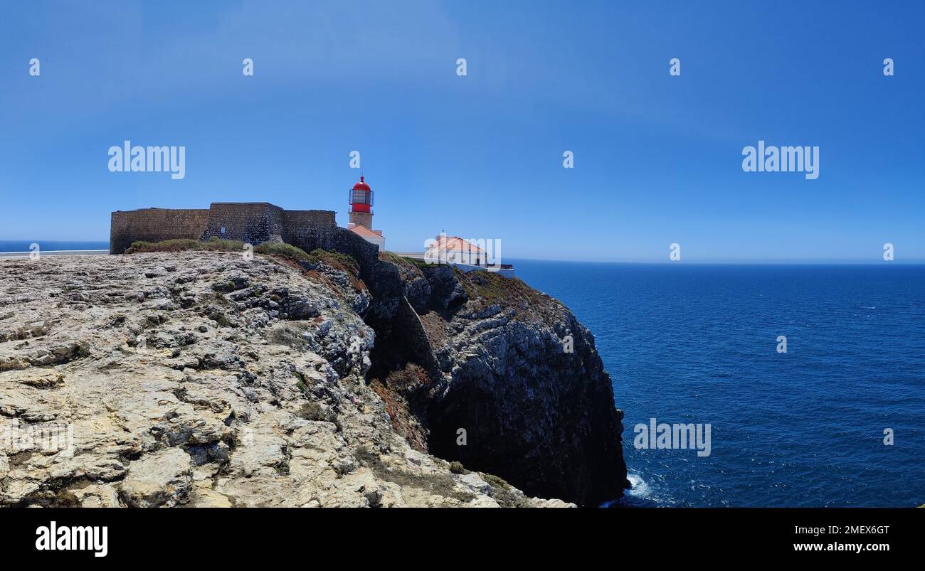 Panorama view of the west side of the Cape Saint Vincent lighthouse at the end of the world, the most southwestern point in Europe Stock Photo