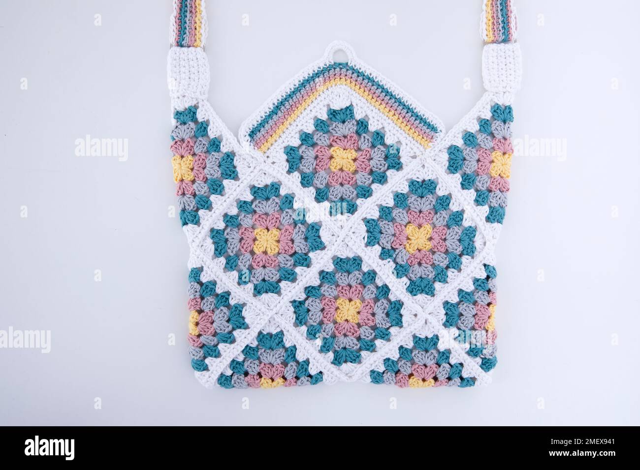Crochet project-Granny square bag, detail Stock Photo