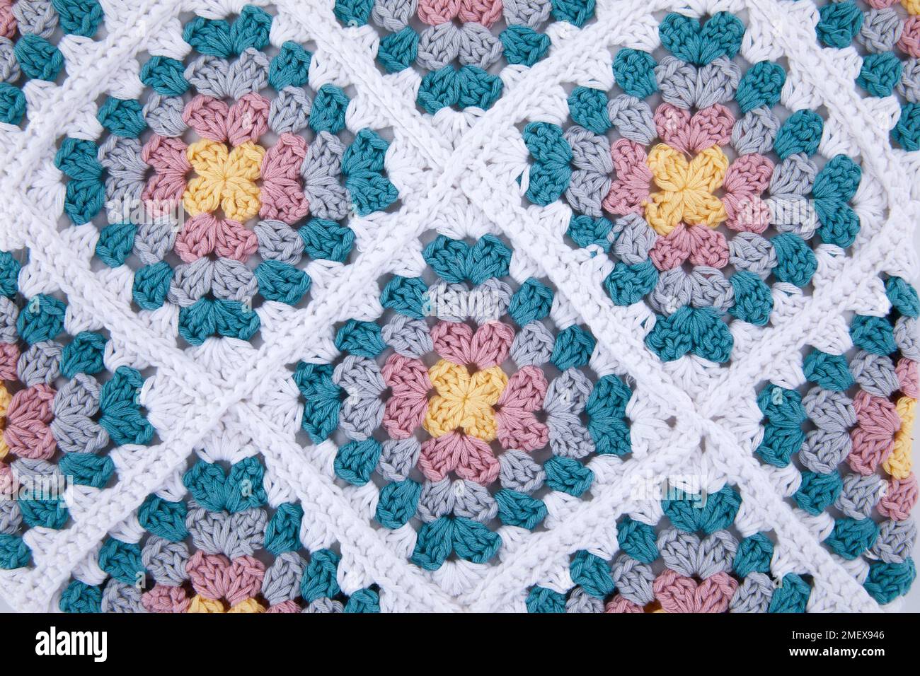 Crochet project-Granny square bag, detail Stock Photo