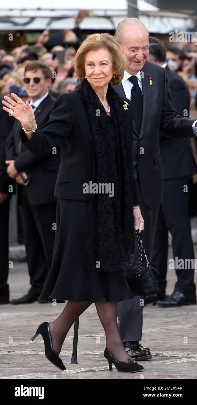 King Juan Carlos and Queen Sofia of Spain attend at the funeral for former King Constantine II of Greece, in Metropolitan Cathedral Stock Photo
