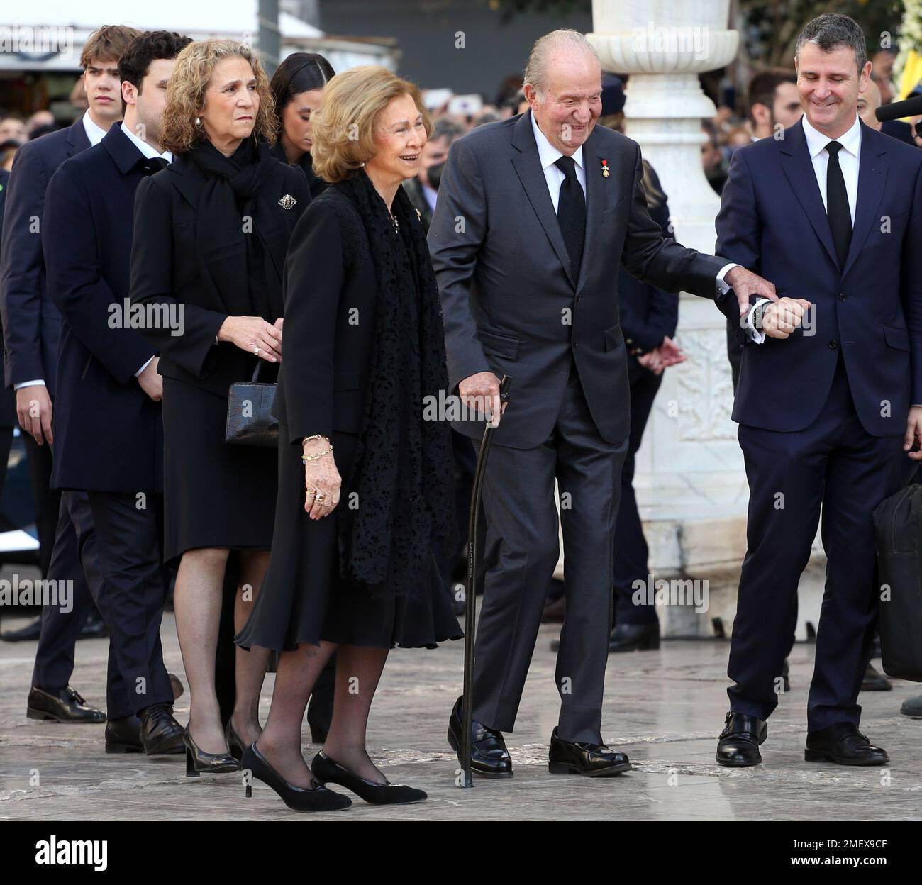 King Juan Carlos and Queen Sofia of Spain attend at the funeral for former King Constantine II of Greece, in Metropolitan Cathedral Stock Photo