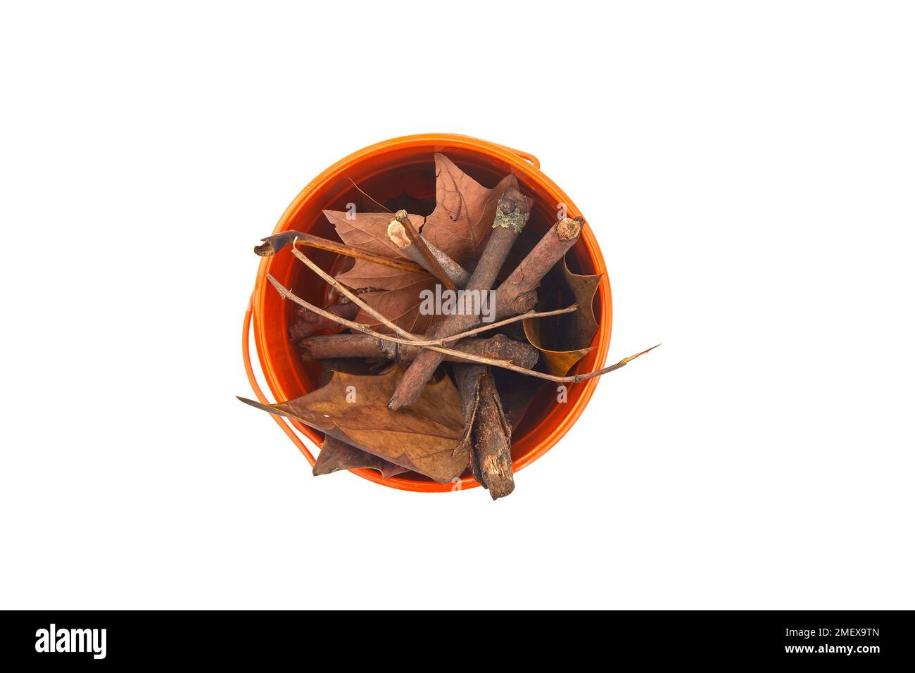 DIY Compost - Overhead pot of scraps - Dried leaves and twigs Stock Photo