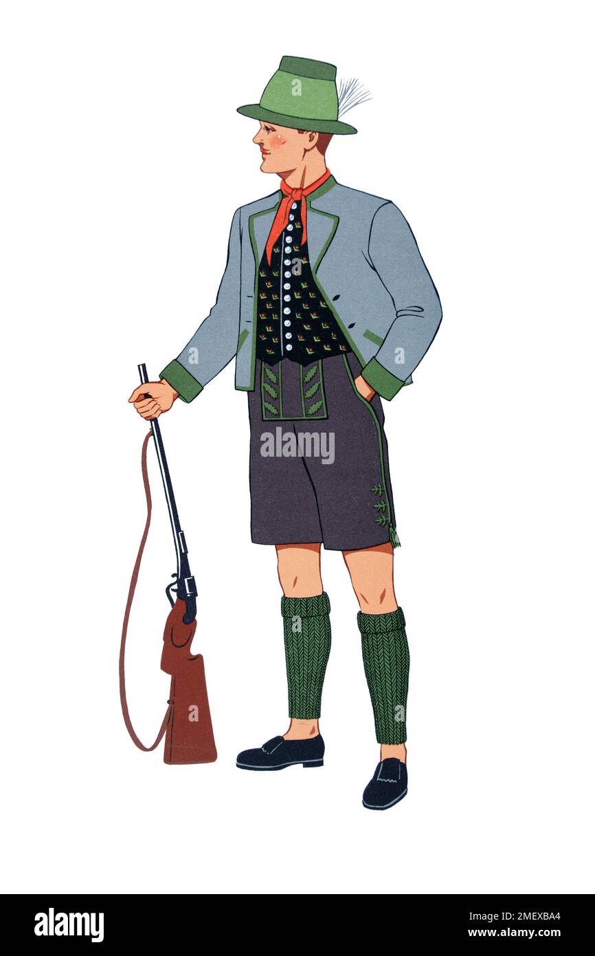 Illustration of Austrian man wearing Tyrolean lederhosen, green loden jacket, feathered Tyrolean hat, and haferlschuh (shoes), carrying hunting rifle Stock Photo