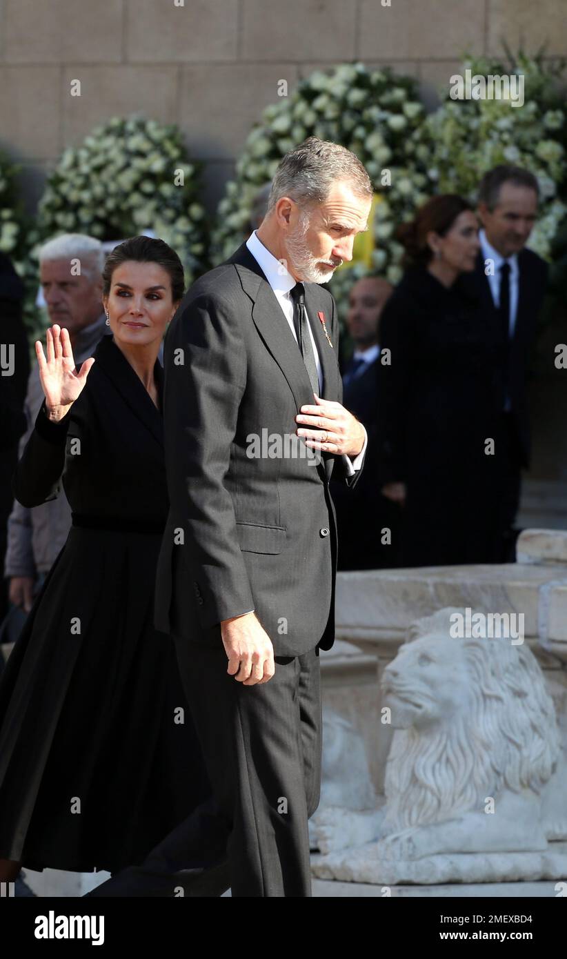 Queen Letizia and Felipe VI of Spain attend at the funeral for former King Constantine II of Greece, in Metropolitan Cathedral Stock Photo