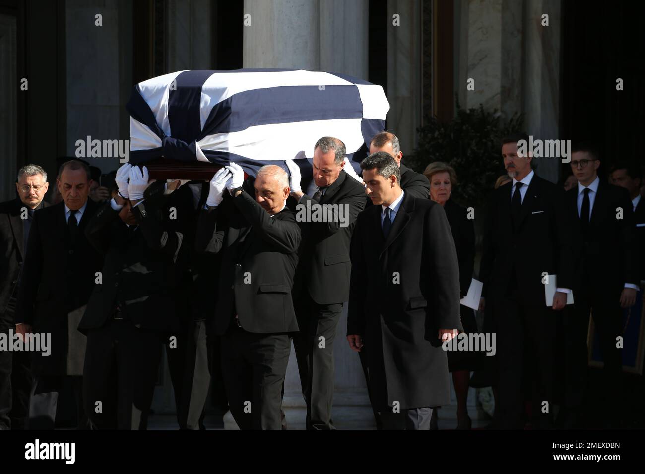 The coffin is carried out of the Cathedral during the funeral for former King Constantine II of Greece. Stock Photo